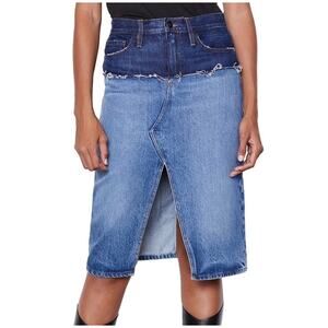 FRAME Reconstructed Ombre Denim Midi Skirt Indigo 27 Blue Two Tone Front Slit